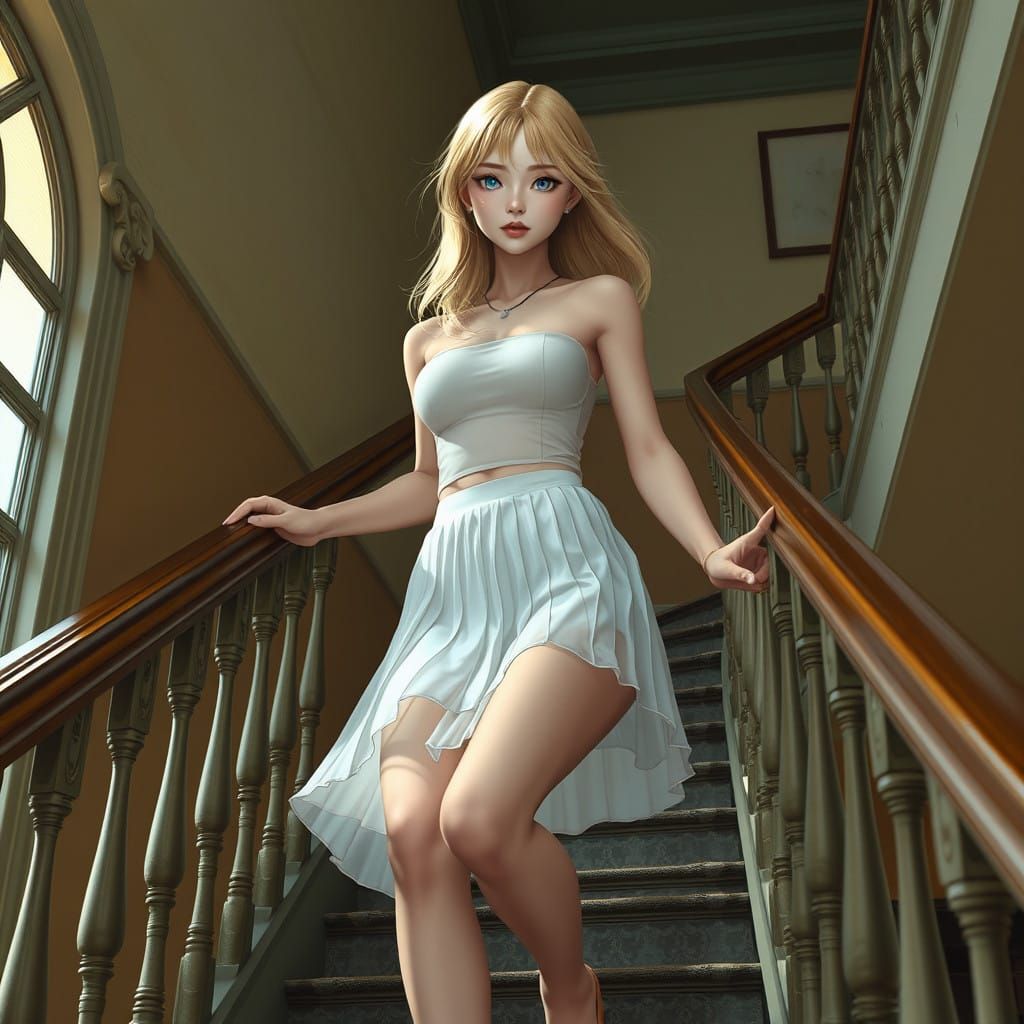 Artsy Hyper-Realistic College Girl Climbing Stairs in Warm,....
