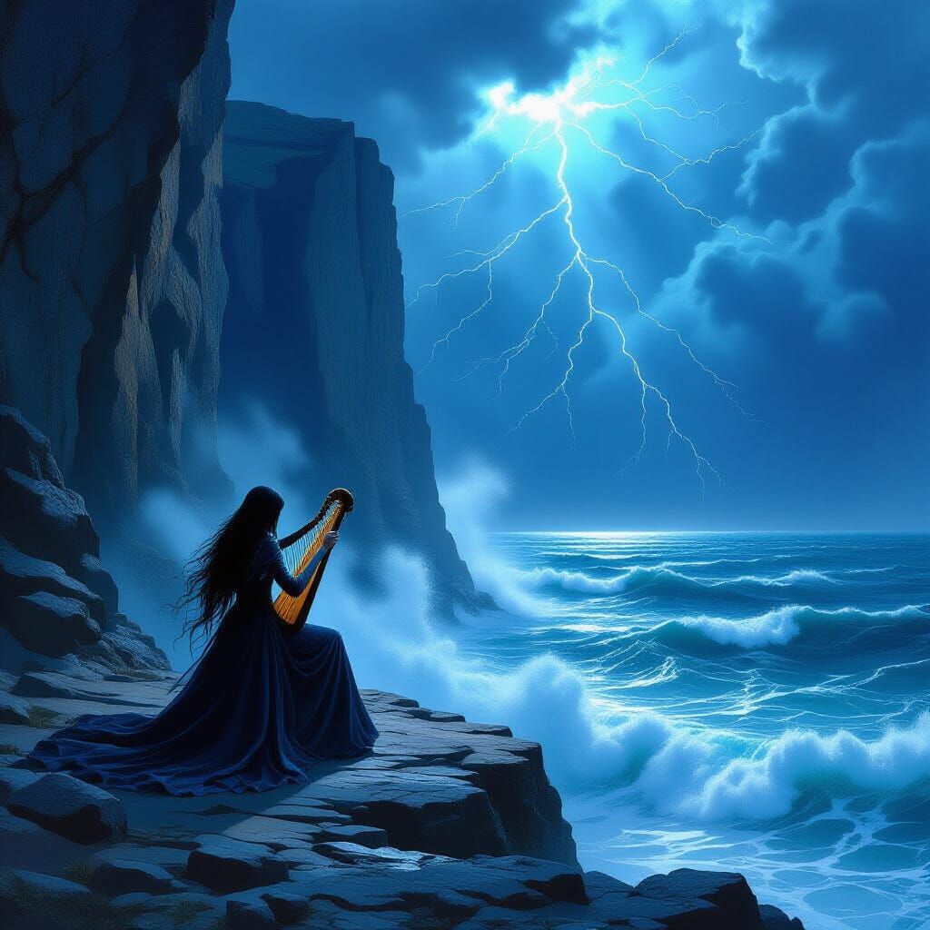Witch Playing Harp on Cliff Overlooking Stormy Sea
