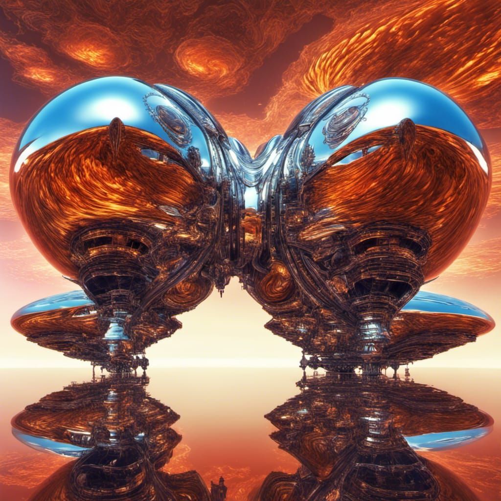 Heart-Shaped Chrome Spaceship Reflecting a Sci-Fi World