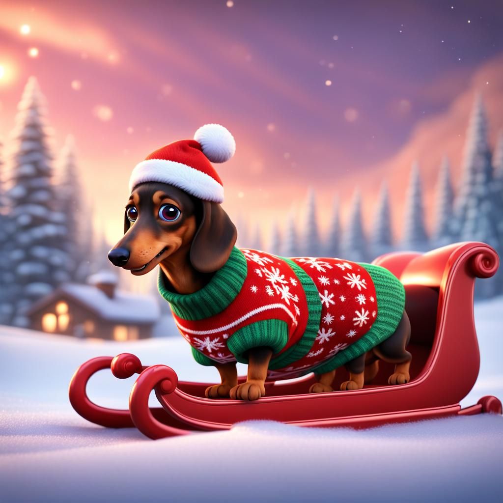 Dachshund in Christmas Sweater on Sleigh