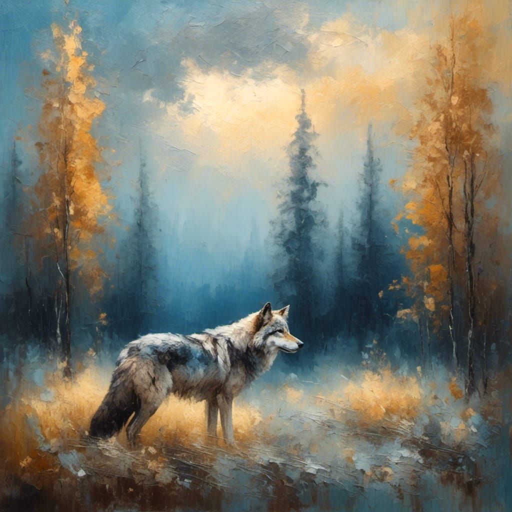 Lonely Wolf in Misty Forest: Oil Painting