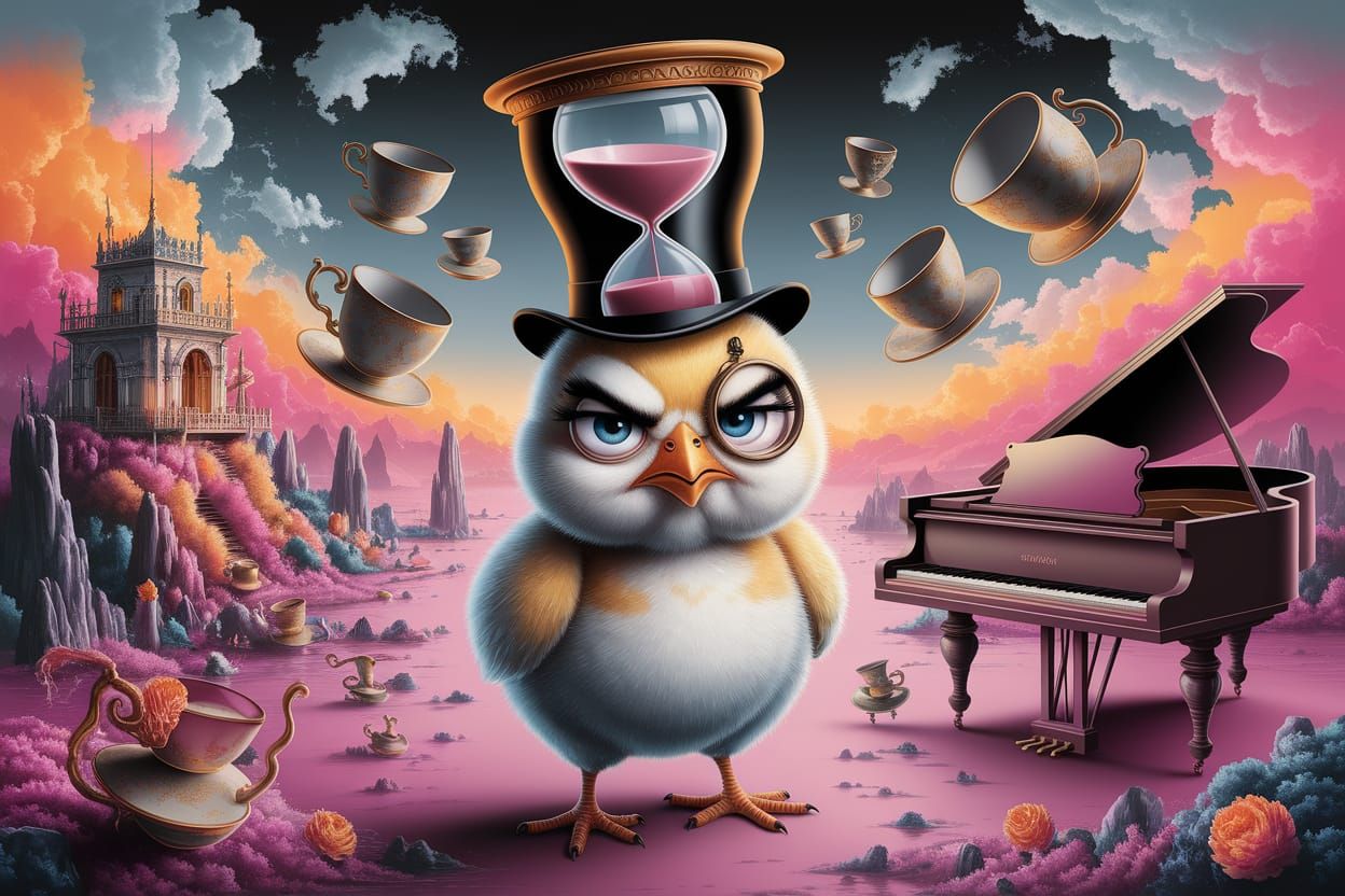 Grumpy Chick in Surreal Oil Painting with Dreamlike Landscap...