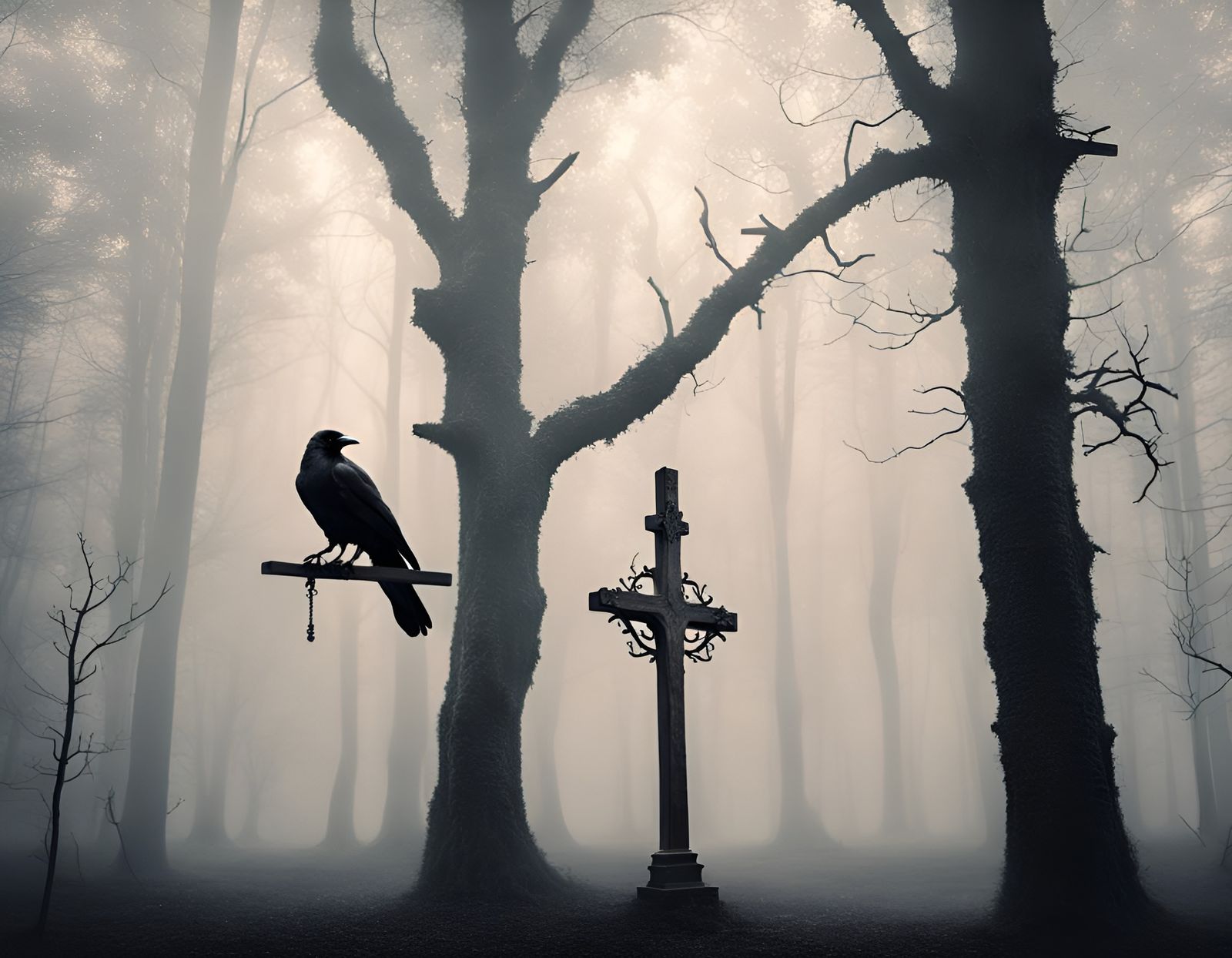 Eerie Forest Scene with Crow on Crucifix