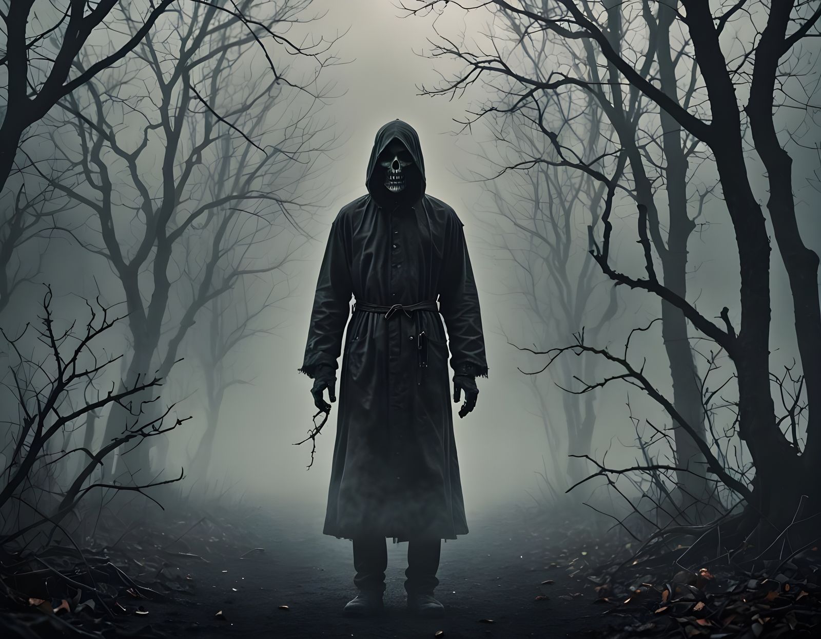 Eerie Figure Emerges from Dark Misty Background