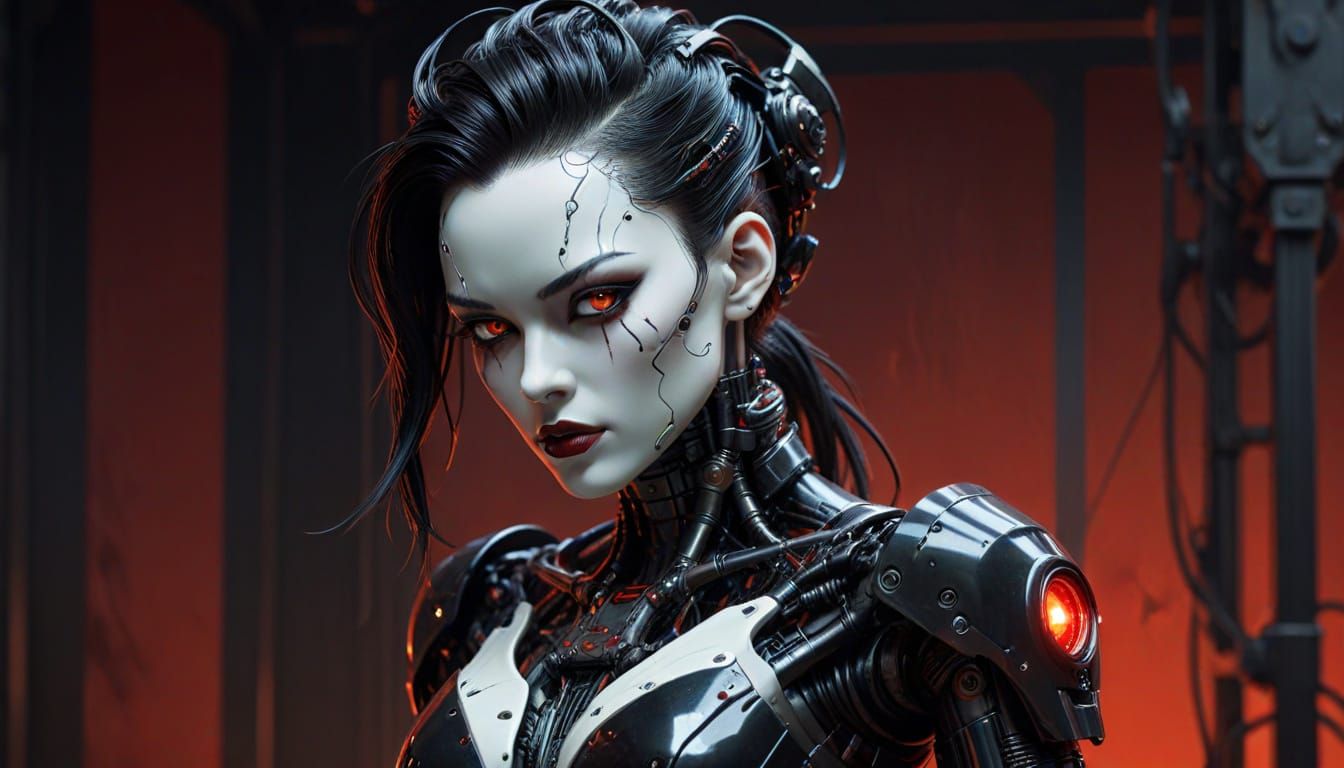 Frightening Gynoid Cyborg in Gothic Bio-Mech Style