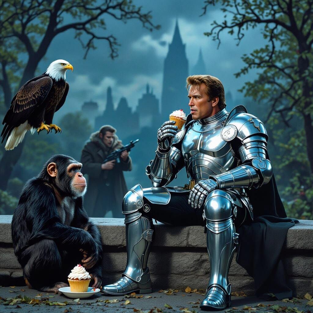 Arnold Schwarzenegger in Armor Eats Cupcake with Chimpanzee ...
