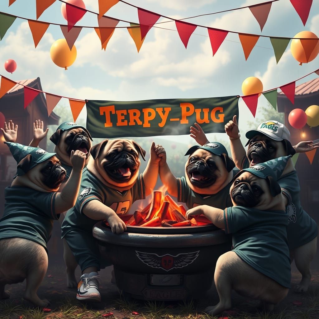 Pugs Cheer Eagles Jerseys in Whimsical BBQ Party Scene