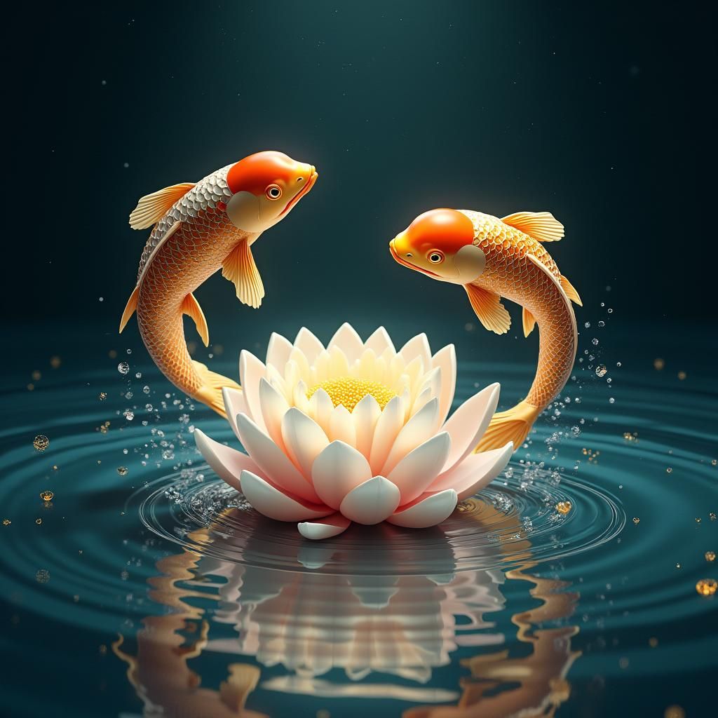 Golden Koi and Lotus Flower in Ukiyo-e Style