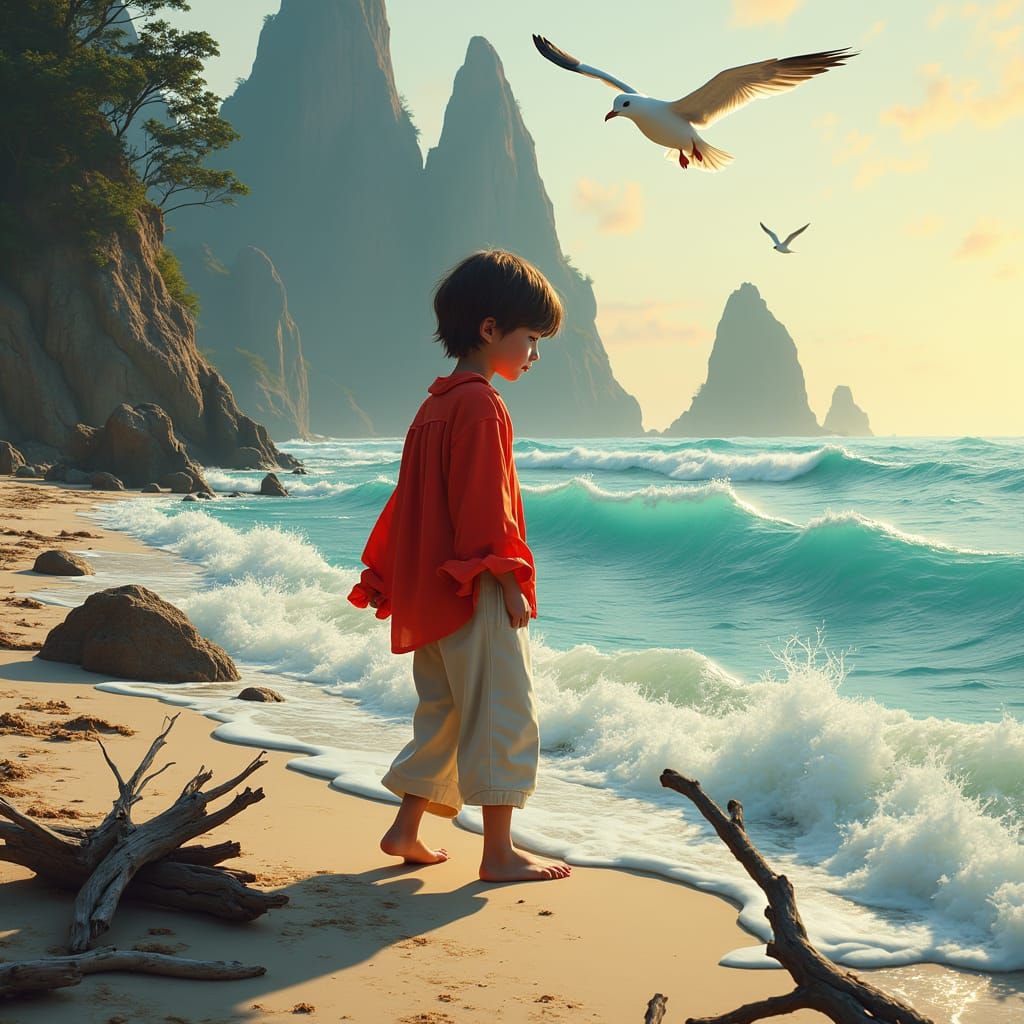 Seaside Boy in Red Shirt: Stalenhag-Inspired Digital Art