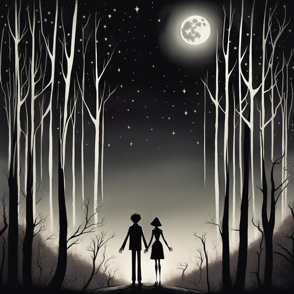 Couple Gazing at Moon in Tim Burton Style