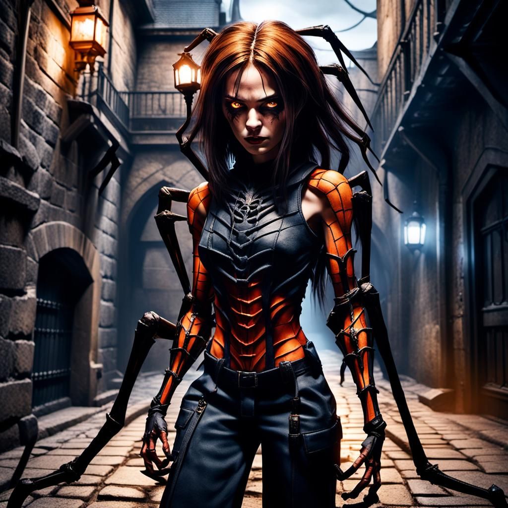 Humanoid top half human female lower half spider, in a Gothic themed alleyway
