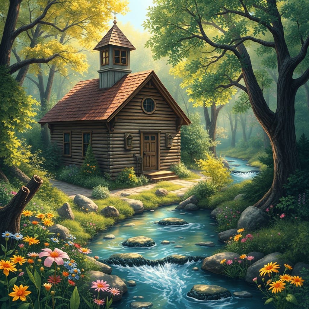 Cozy Whimsical Schoolhouse in a Serene Forest