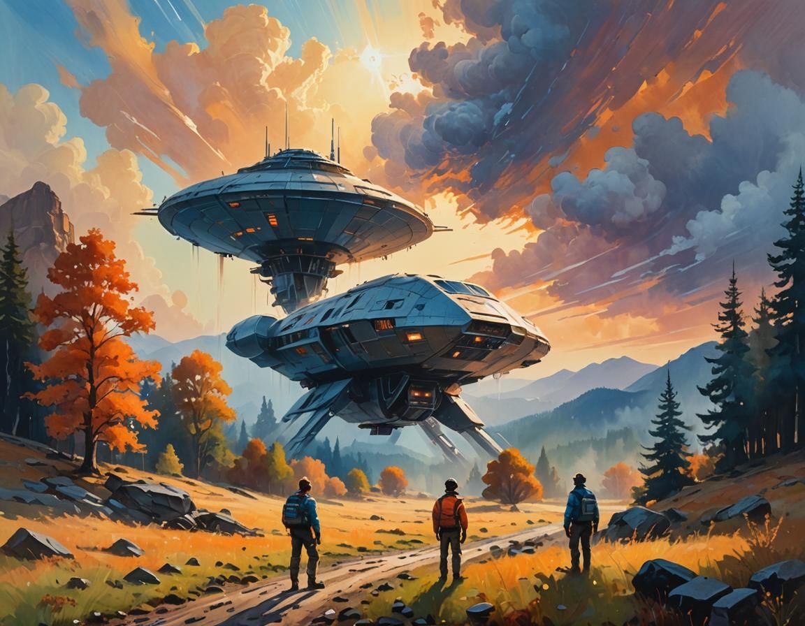 Impressionist Landscape with Engineers and Spaceship