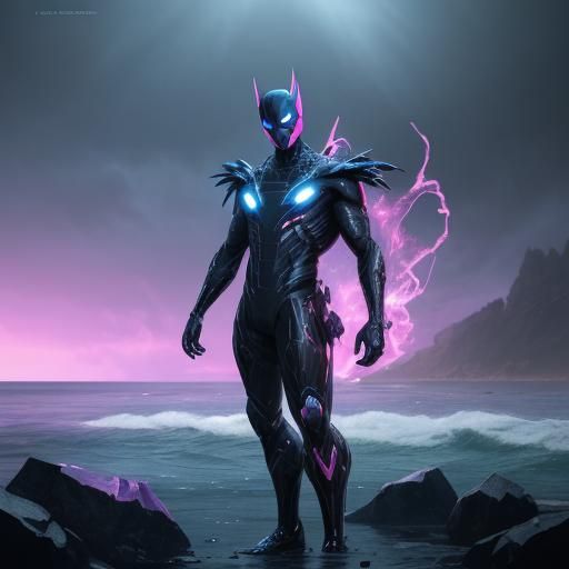 Cybergoth Man with Glowing Eyes by the Ocean