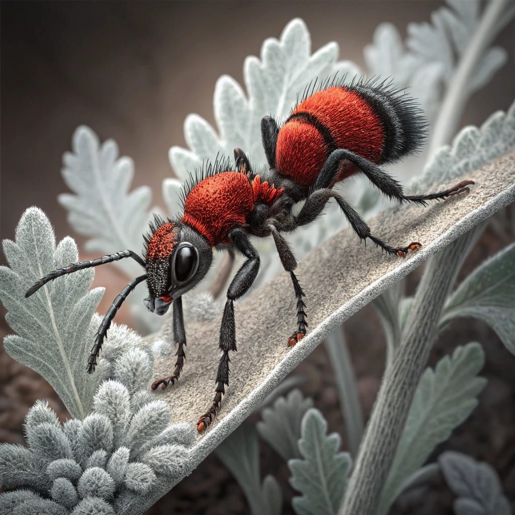 Red Velvet Ant on Dusty Miller Plant: Hyperrealistic Macro
