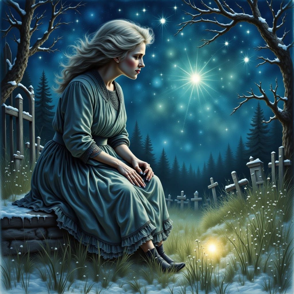 Ethereal Woman Contemplates Cosmic Light in Whimsical Cemete...