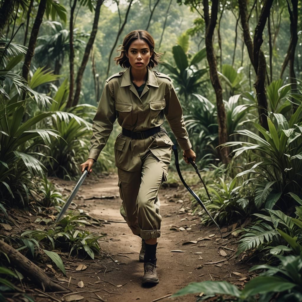 Woman in Safari Suit Slashes Through Jungle: Cinematic Still