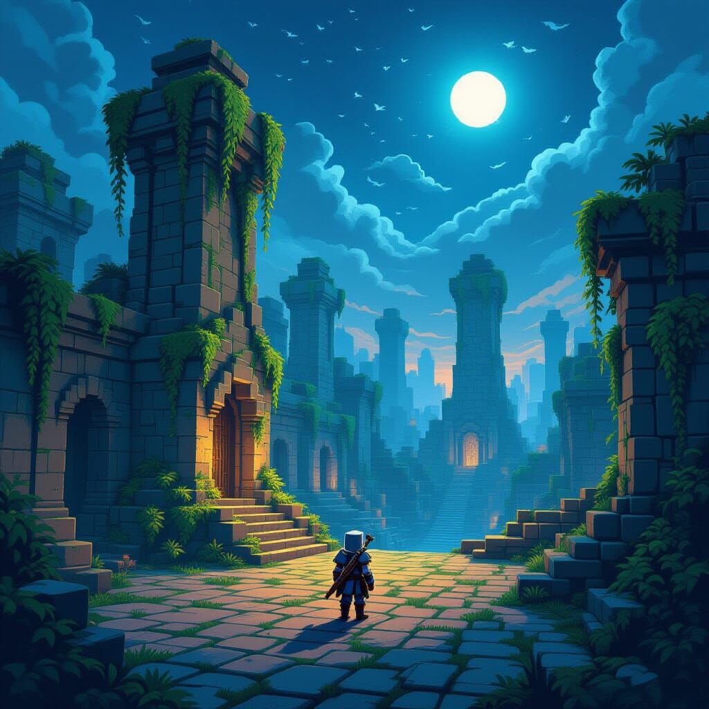 Overgrown Minecraft City at Twilight in Pixel Art