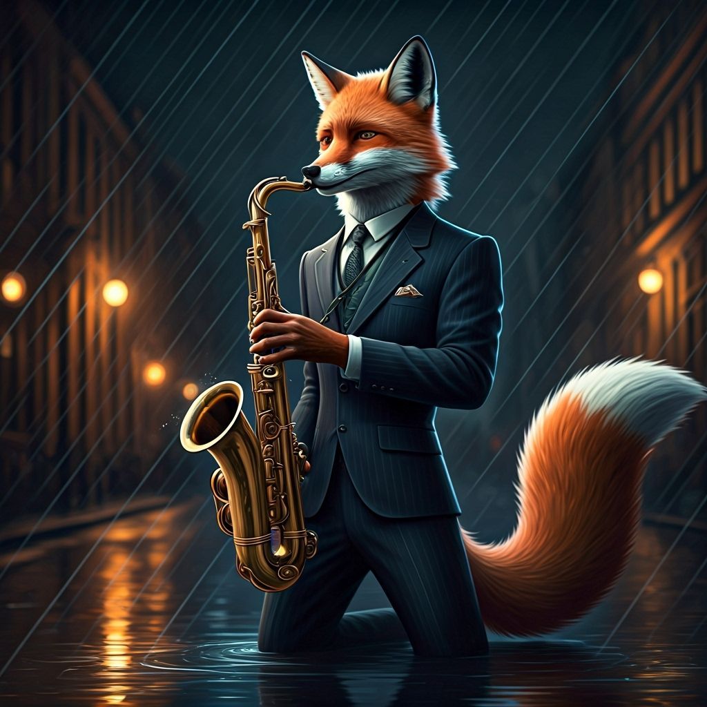 Anthropomorphic Fox Plays Saxophone in Noir Street Scene