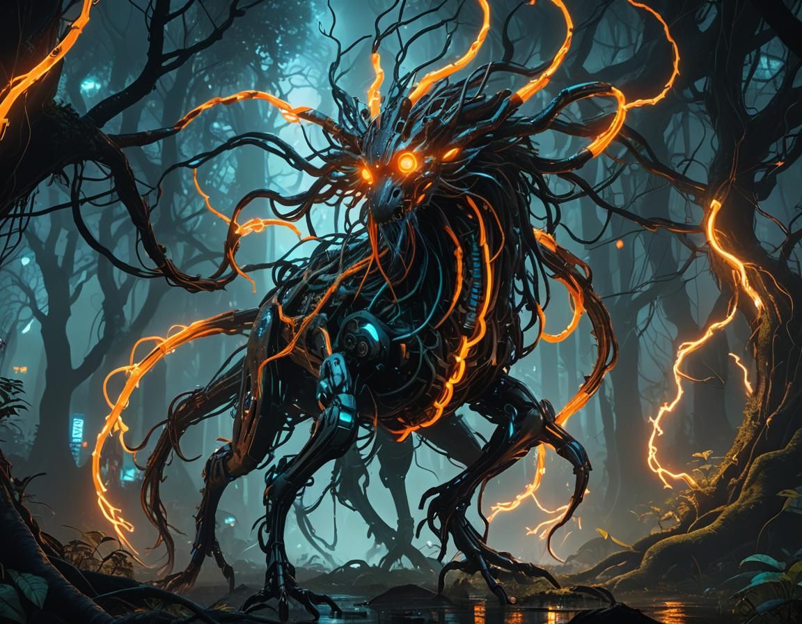 Cyberpunk Fantasy Creatures in Bioluminescent Forest