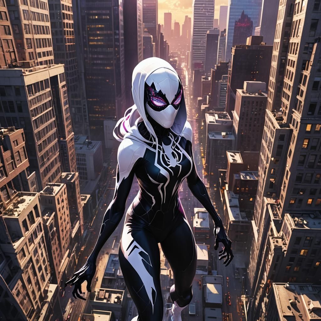 Colossal Spider Gwen Symbiote in Cityscape, Digital Matte Pa...