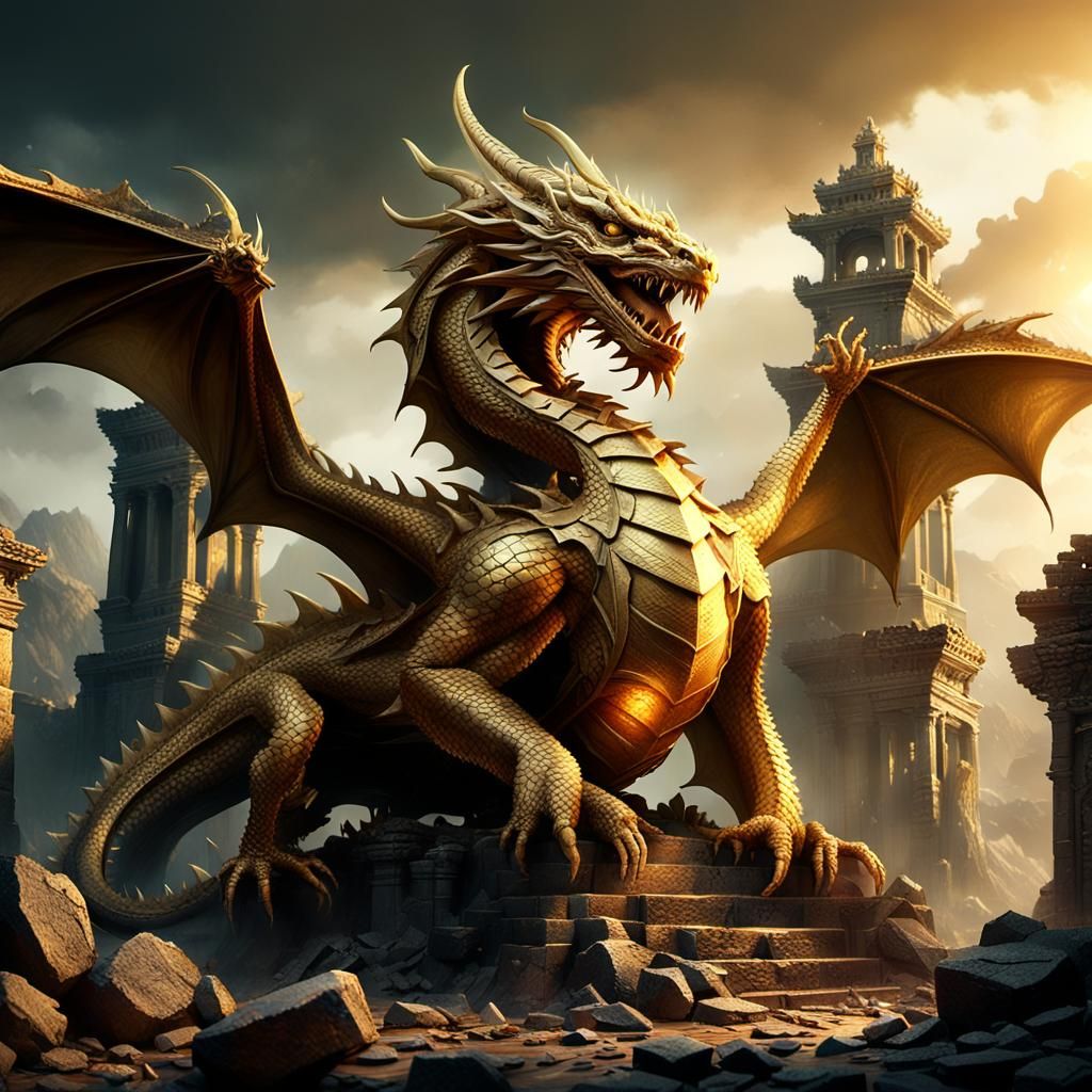 Majestic Gold Dragon Protecting Treasure Hoard in Ruins