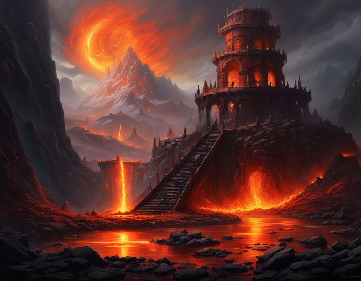 Lava River Wizard Tower: Dark Fantasy Oil Painting