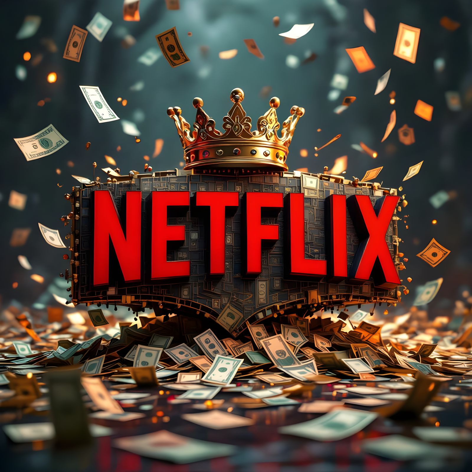 3D Netflix Logo with Crown Amidst Falling Money