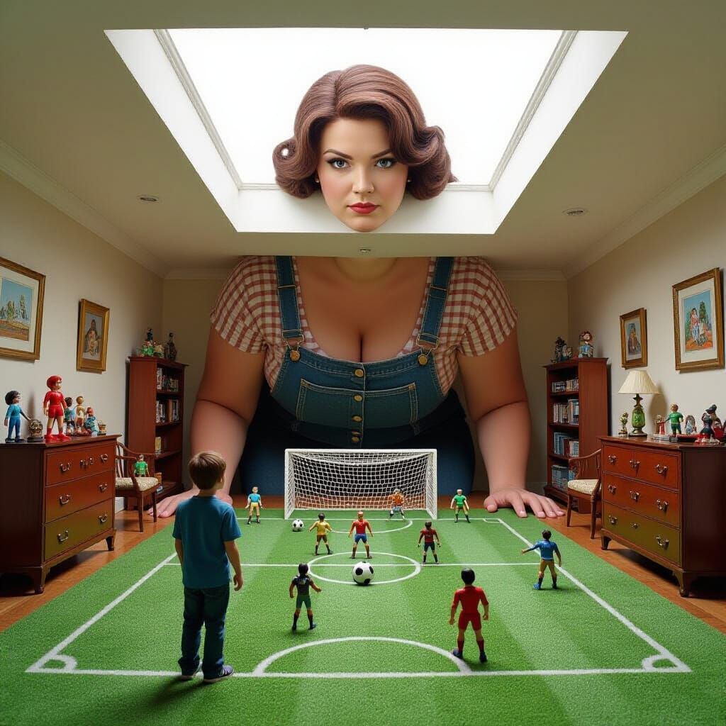 Giant Woman Watches Boy Play with Toys on Carpet Soccer Fiel...