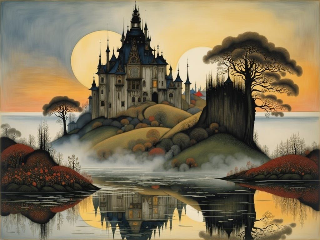 Mysterious Abandoned City Reflected in Sunset Lake