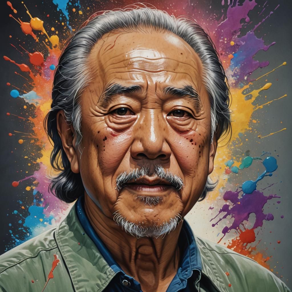 Hyperrealistic Portrait of Pat Morita in Splash Art Style