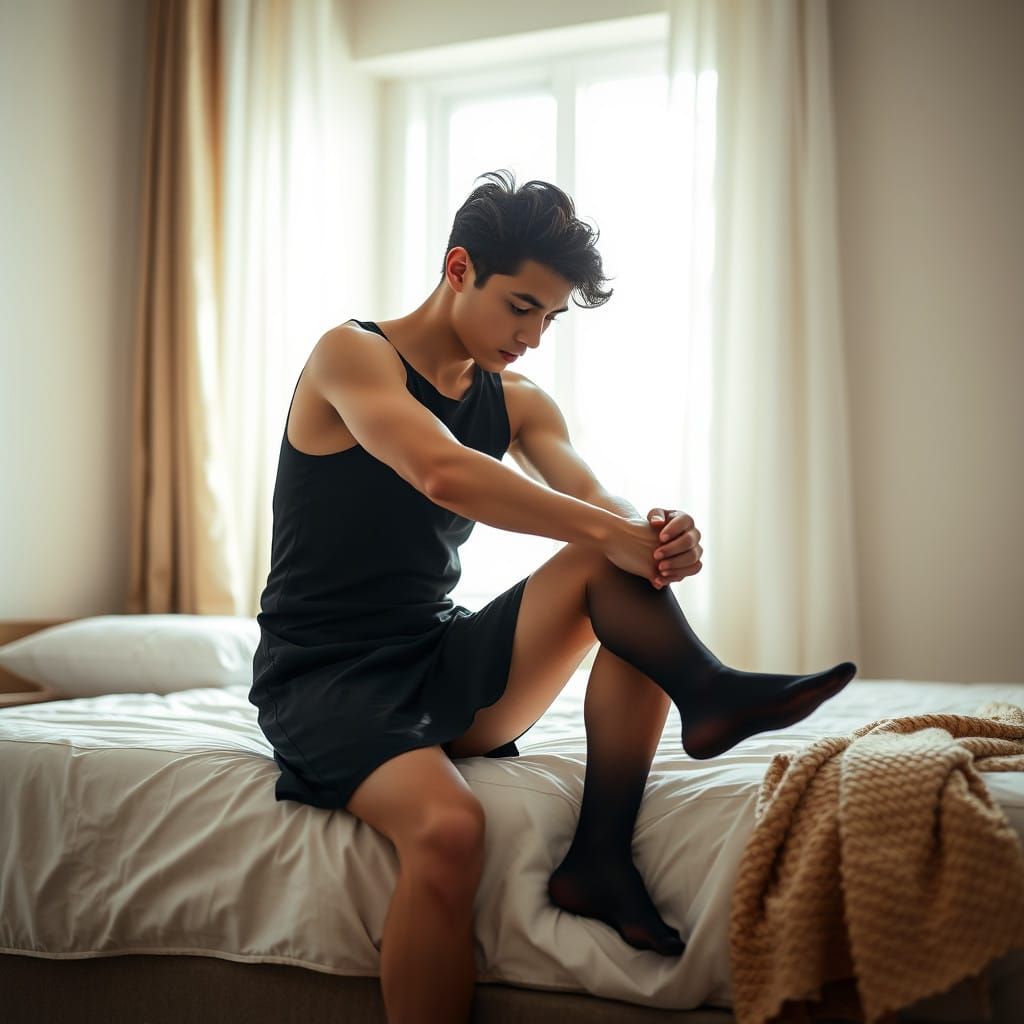 Serene Moment: Young Man in Black A-Line Dress Slipping on S...