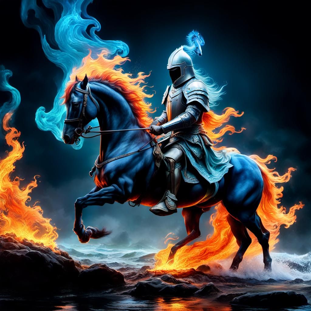 Fiery Water Knight Rides Mystical Steed