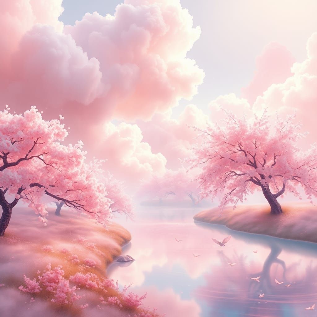Dreamy Pink Landscape with Cherry Blossoms
