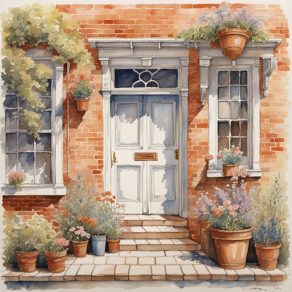 Watercolor Brick House with Flower Boxes