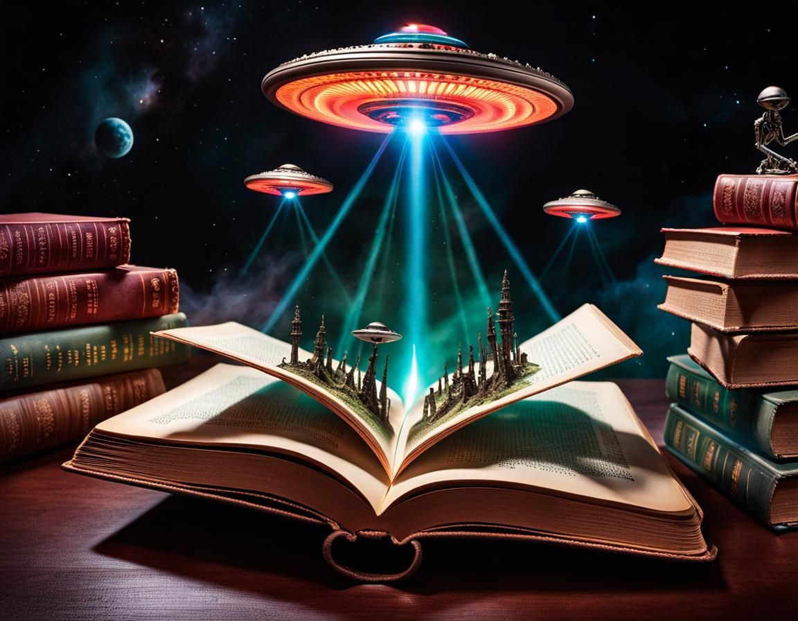 UFOs Emerge from Book in Sci-Fi Art Style