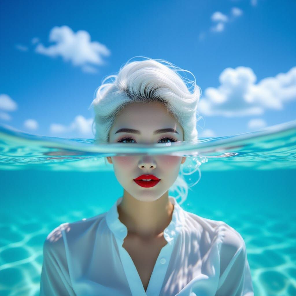 Japanese Woman Floating on Water Surface, Underwater Photogr...