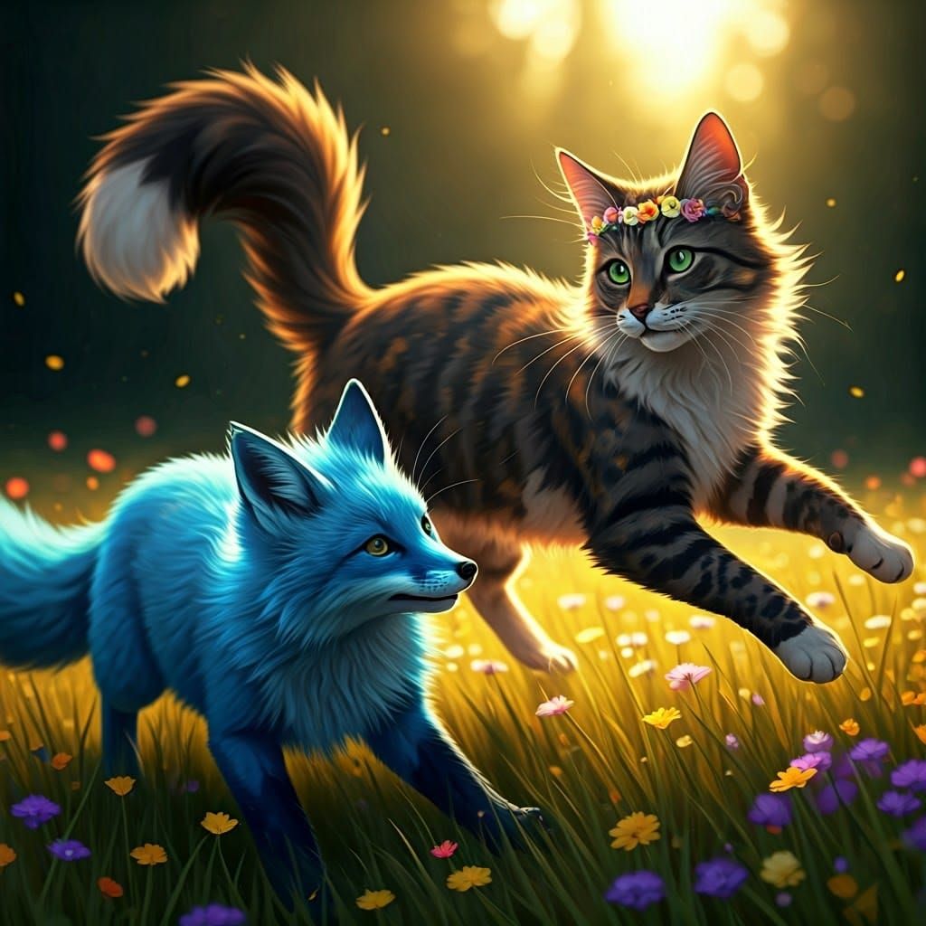 Fox and Cat Play in Wildflower Field