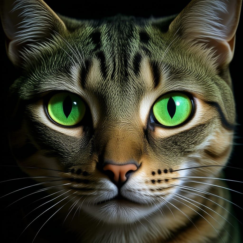 Peering from the dark recesses, the glowing green cats eyes ...