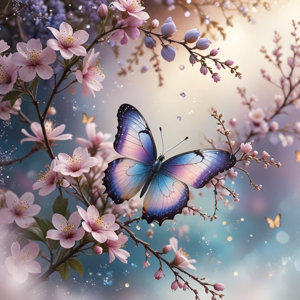 Whimsical Nature Scene with Delicate Butterfly in Hyper-Real...