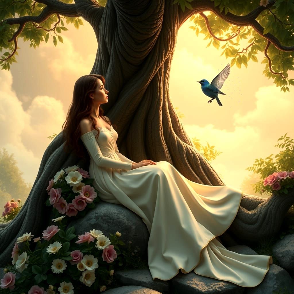 Ethereal Beauty Lost in Whimsy, Surrounded by Vibrant Floral...