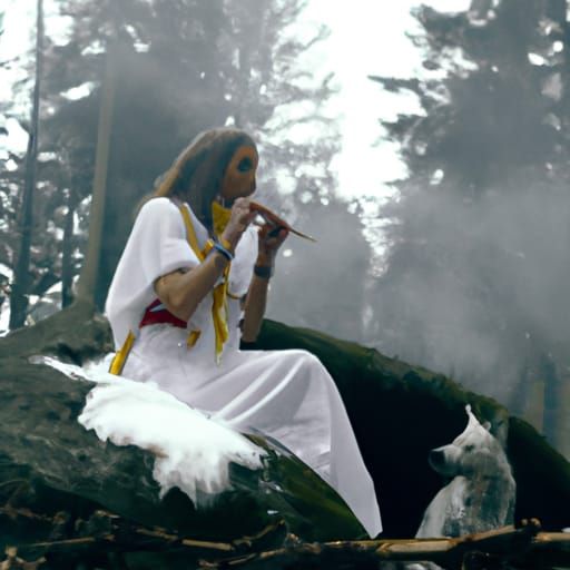 Ancient Woman Plays Whistle for Wolves in Foggy Forest