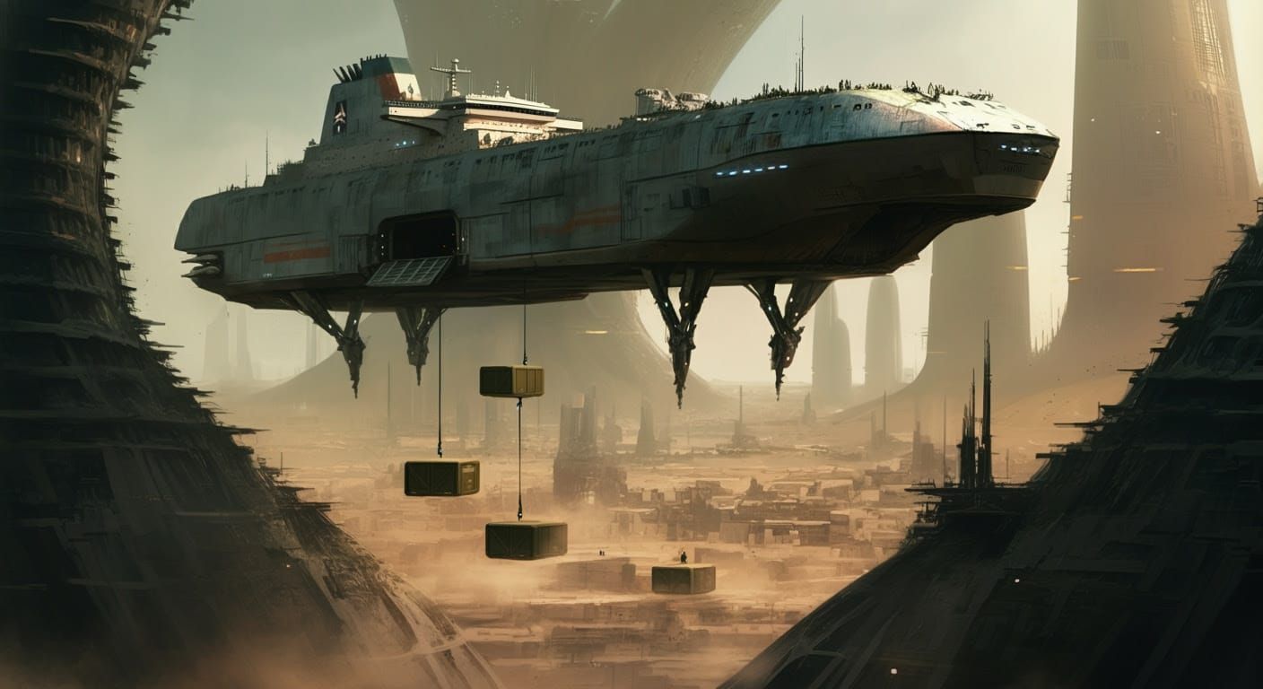 Cargo Ship Delivers Supplies to Alien Town