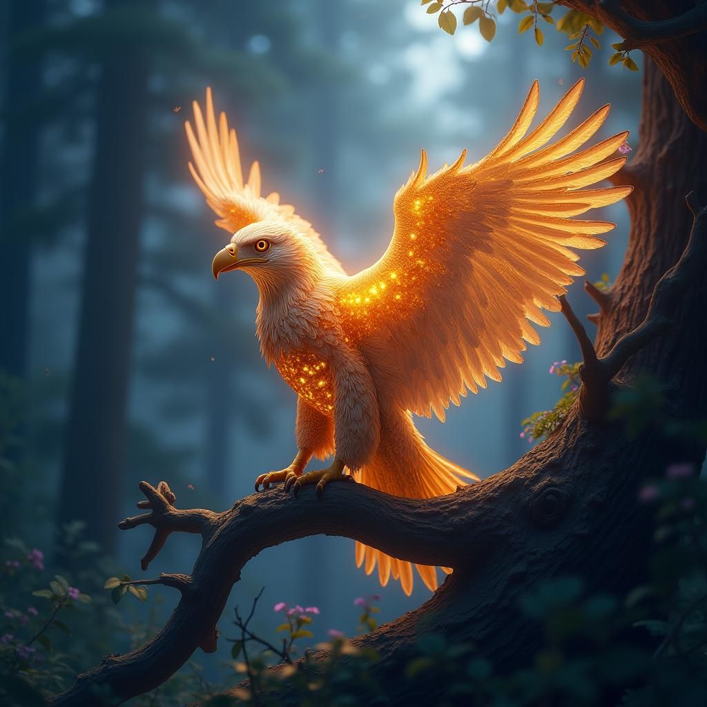 Ethereal Golden Eagle in Fantasy Forest