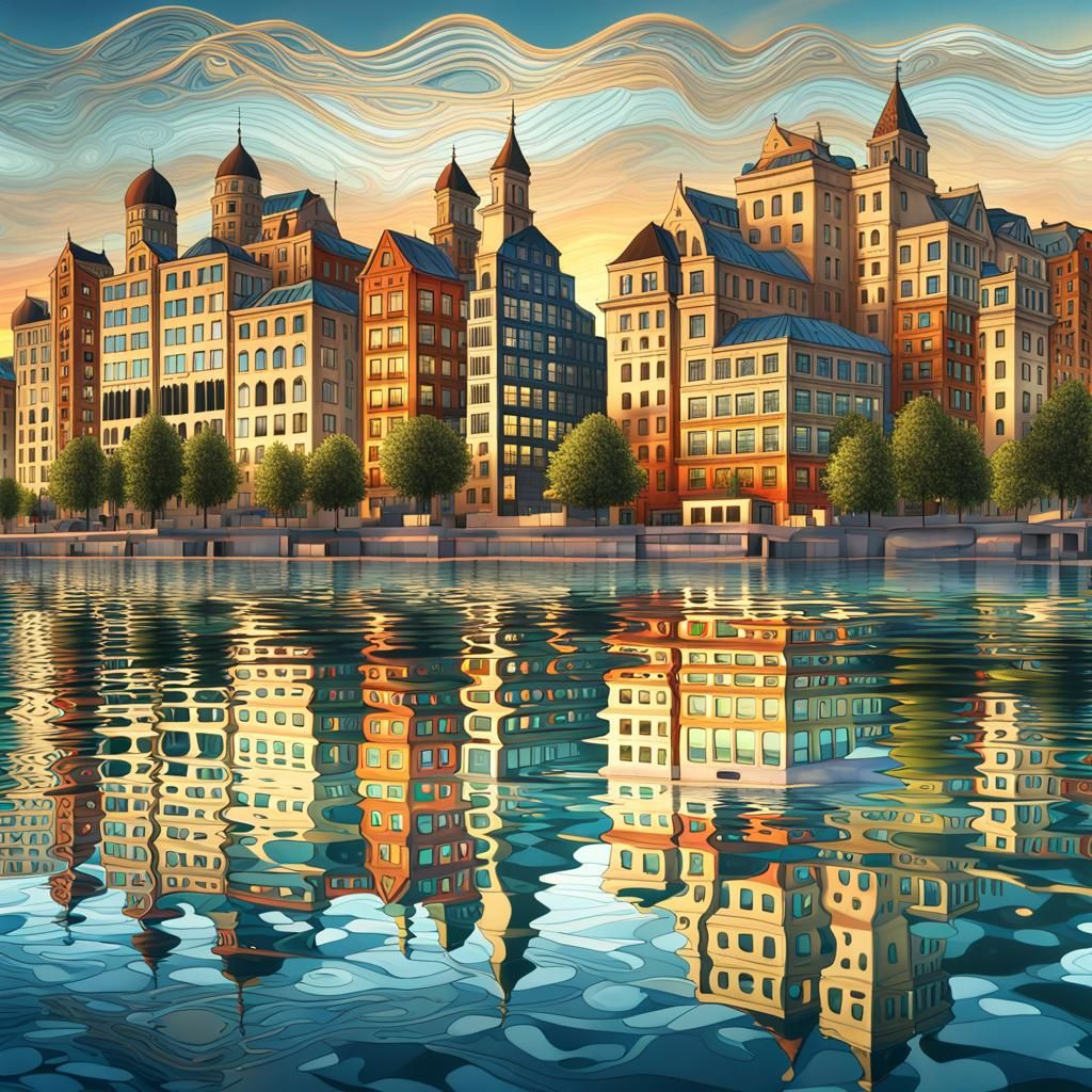 Serene River Cityscape at Dusk: Digital Masterpiece