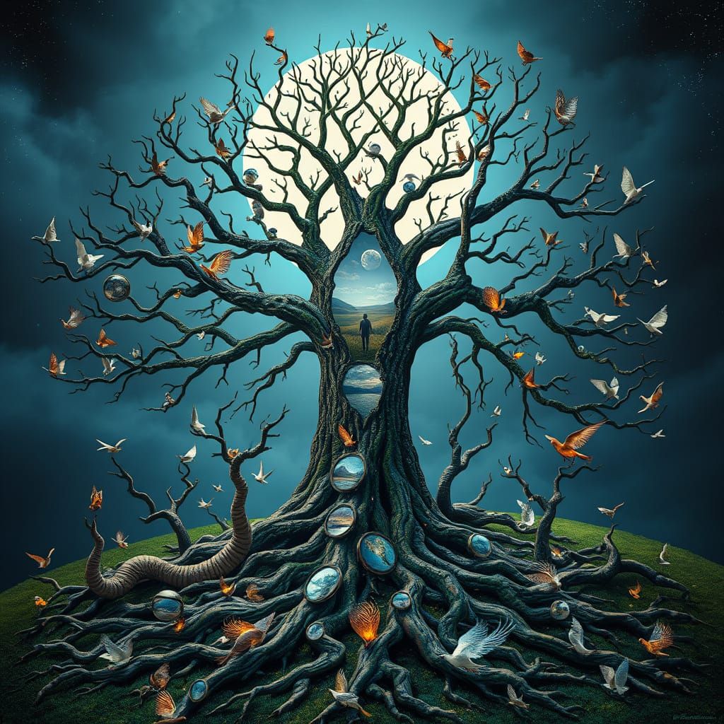 Surreal Tree Portal in Dreamlike Landscape