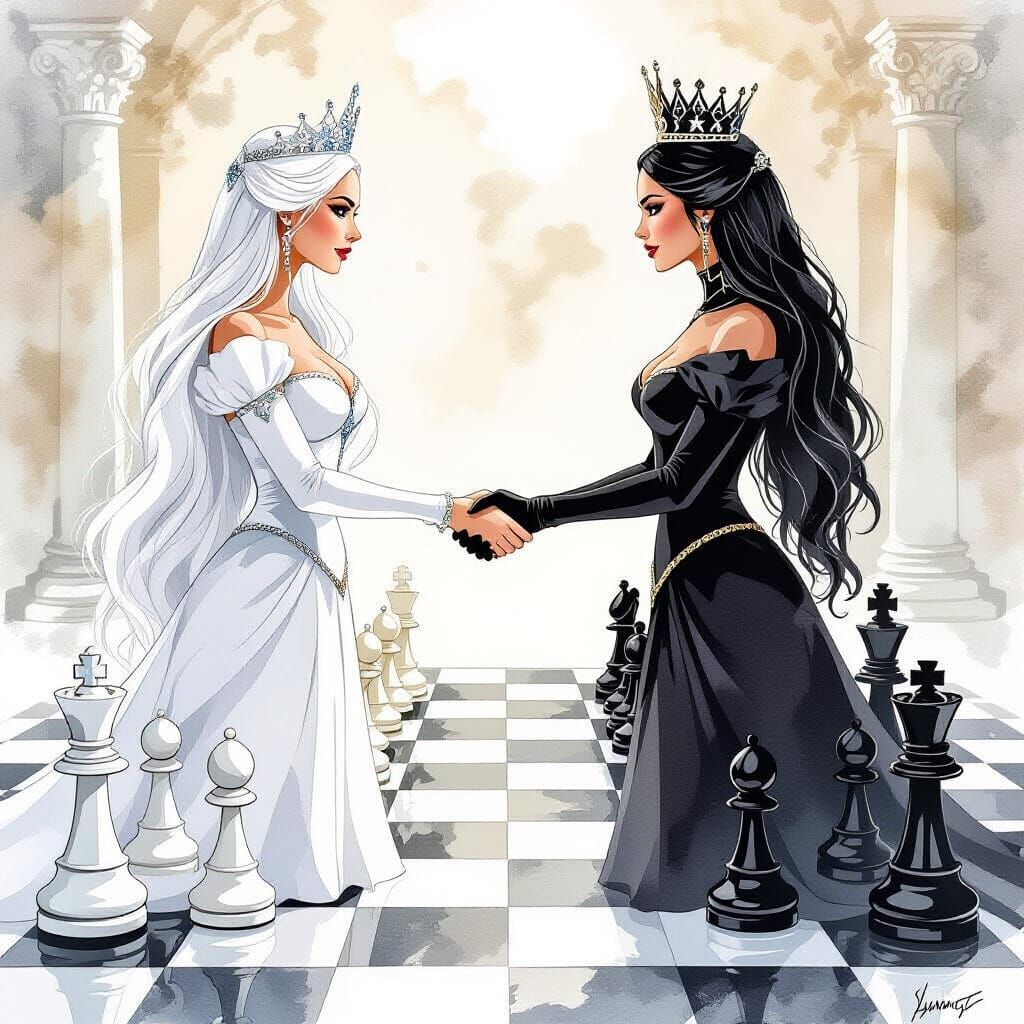 Two Queens Clash on Giant Chessboard in Watercolor Style