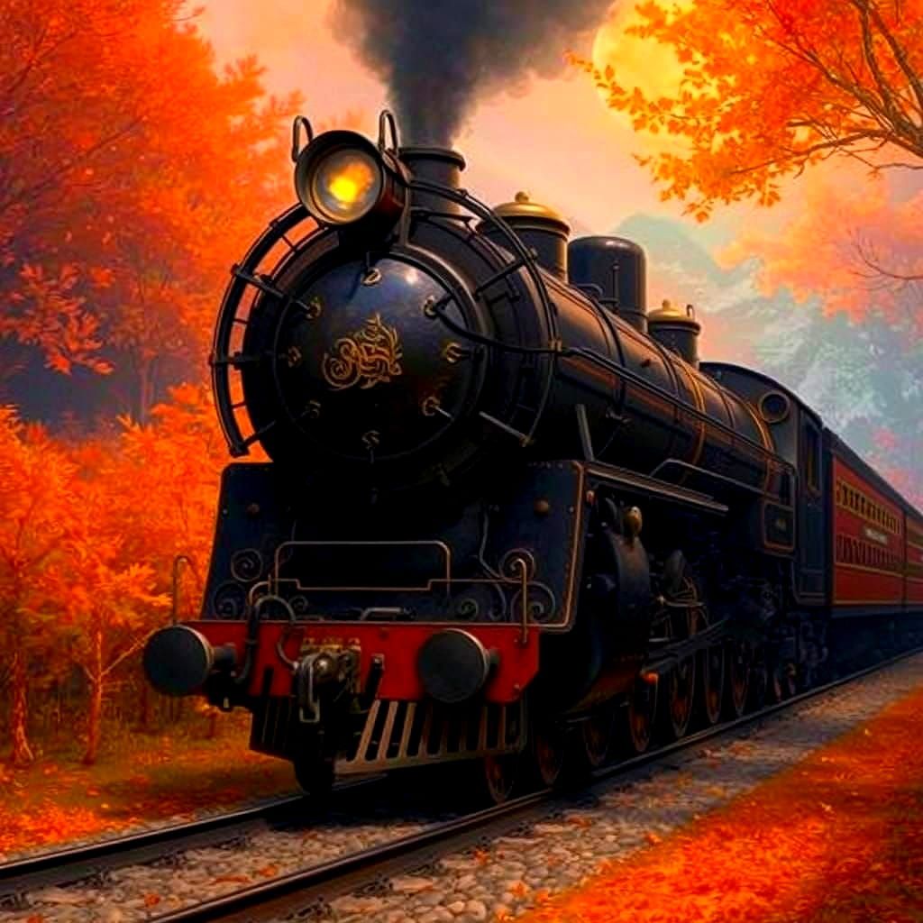 Steampunk Train Journey Through Autumn Forest