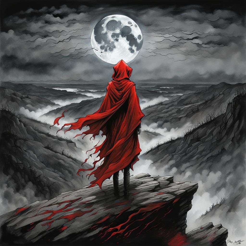Red Hooded Woman in Mystical Landscape