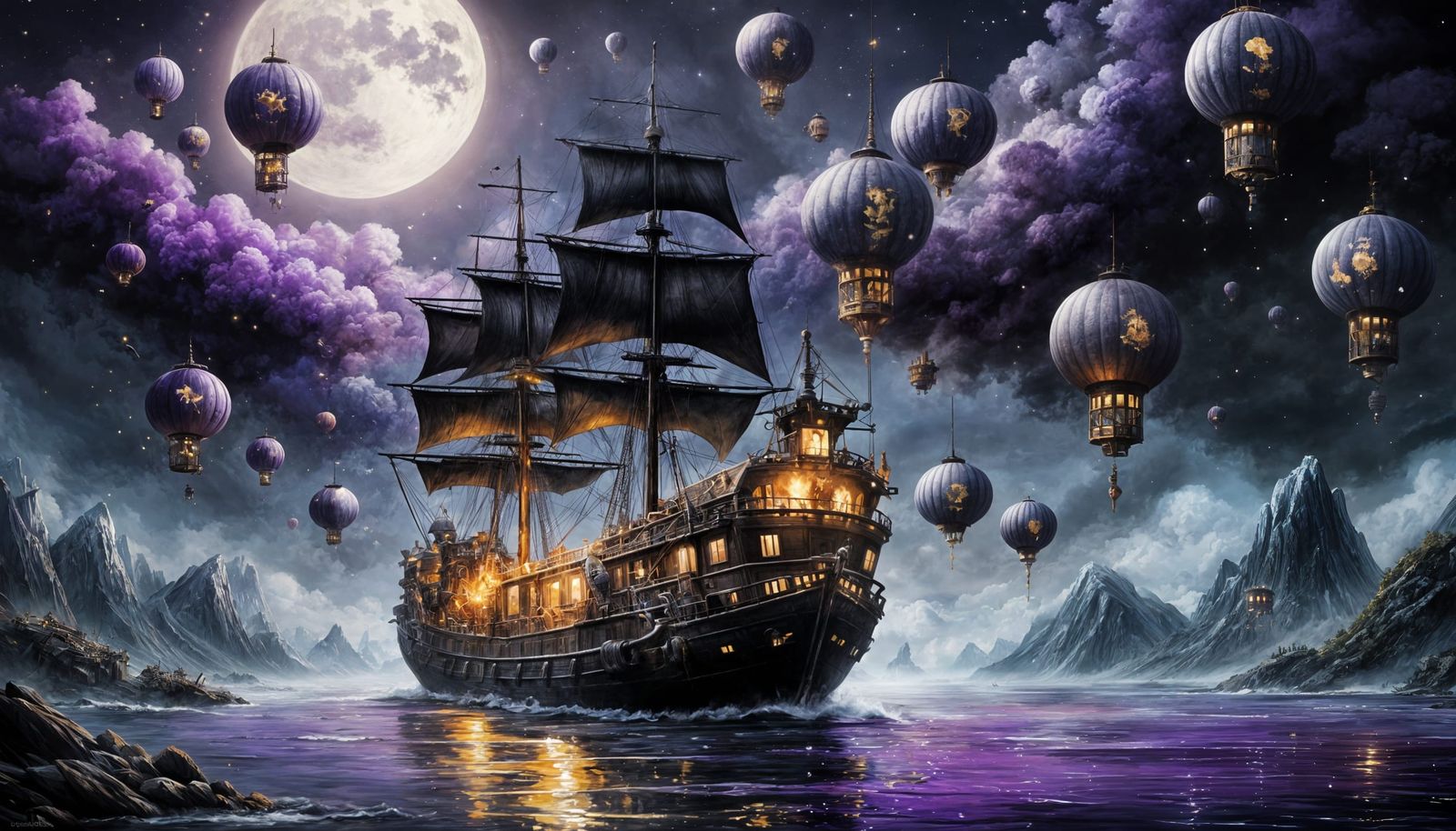 Majestic Ship with Popcorn and Lanterns in Epic Oil Painting...